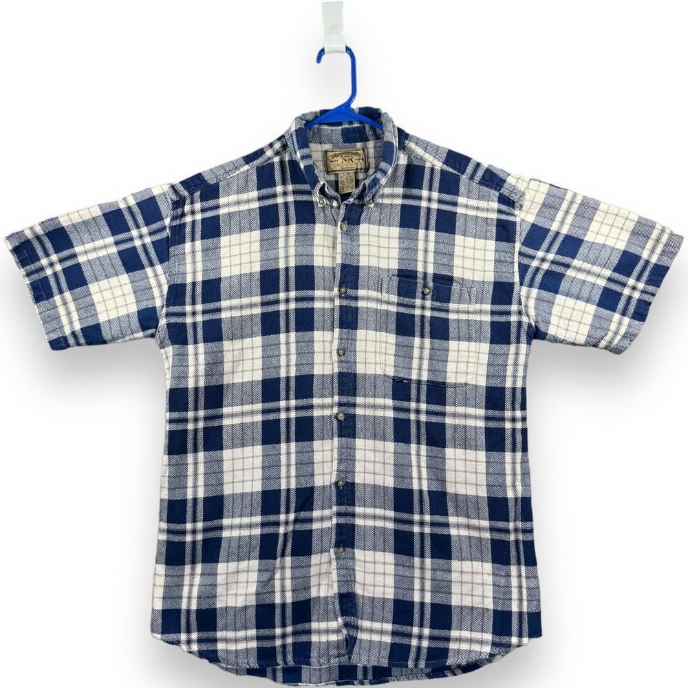 New River Co Mens Plaid Button Down Shirt Blue White Cotton Short Sleeve L